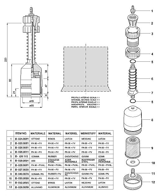 Dimensions and Replacement Parts for Bottling Head Number B-001.0037