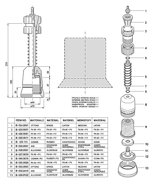 Dimensions and Replacement Parts for Bottling Head Number B-001.0088