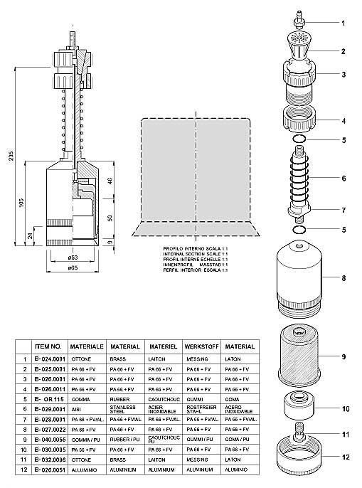 Dimensions and Replacement Parts for Bottling Head Number B-001.0028