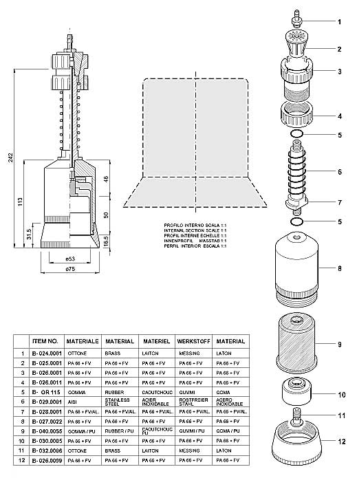 Dimensions and Replacement Parts for Bottling head Number B-001.0056