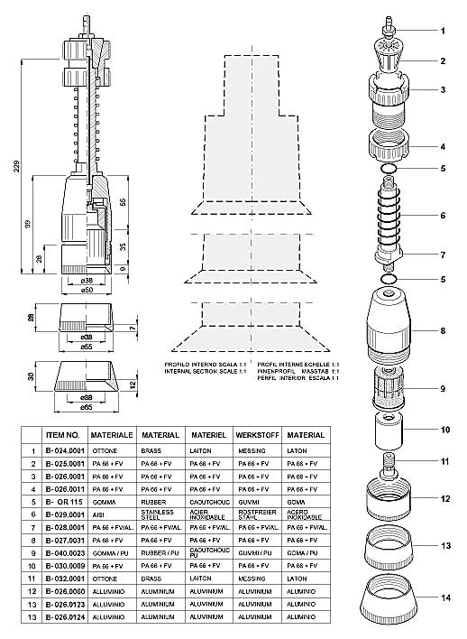 Dimensions and Replacement Parts for Bottling Head Numbers B-001.0038, B-001.0092, and B-001.0095