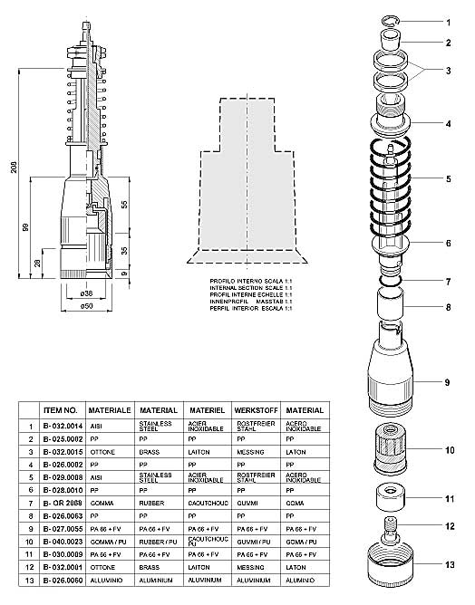 Dimensions and Replacement Parts for Bottling Head Number B-001.0069