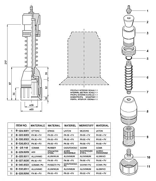 Dimensions and Replacement Parts for Bottling Head Number B-001.0044