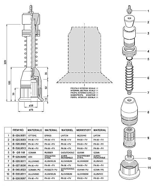 Dimensions and Replacement Parts for Bottling Head Number B-001.0045