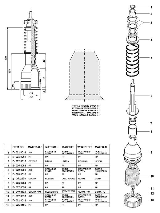 Dimensions and Replacement Parts for Bottling Head Number B-001.0068