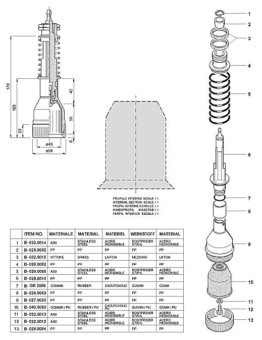 Dimensions and Replacement Parts for Bottling Head Number B-001.0042