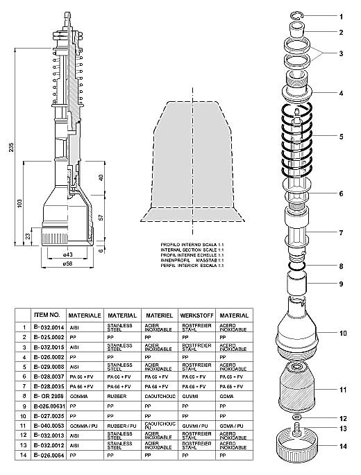 Dimensions and Replacement Parts for Bottling Head Number B-001.00421