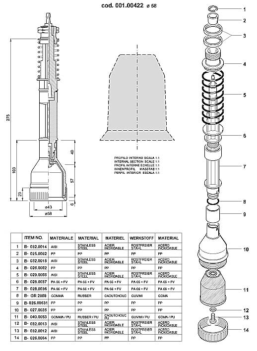 Dimensions and Replacement Parts for Bottling Head Number B-001.00422