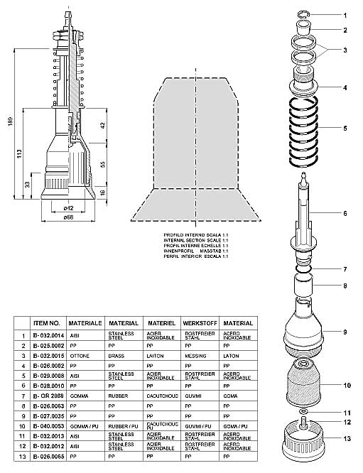 Dimensions and Replacement Parts for Bottling Head Number B-00.0043