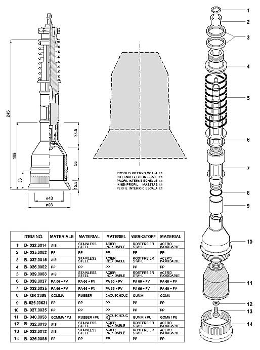 Dimensions and Replacement parts for Bottling Head Number B-001.00431