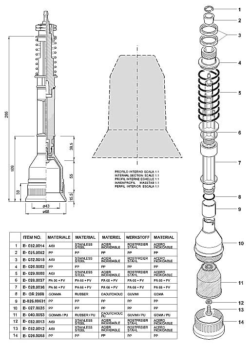 Dimensions and Replacement parts for Bottling Head Number B-001.00432