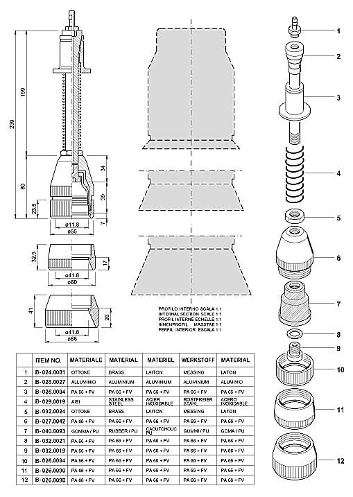 Dimensions and Replacement Parts for Bottling Head Number B-001.0051