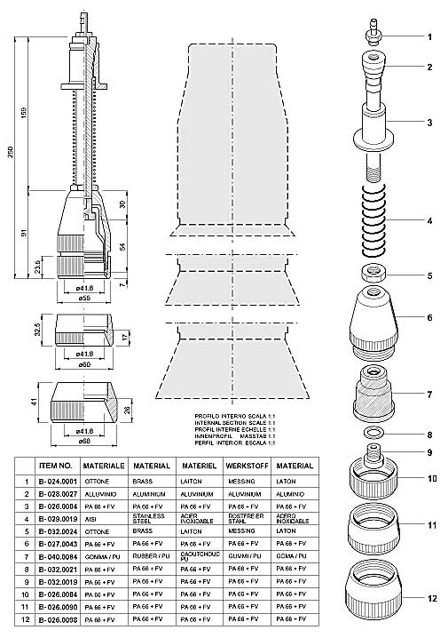 Dimensions and Replacement Parts for Bottling Head Number B-001.0052