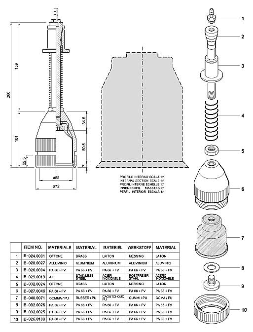 Dimensions and Replacement Parts for Bottling Head Number B-001.0058