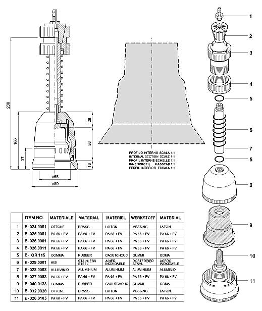 Dimensions and Replacement Parts for Bottling Head Number B-001.0067