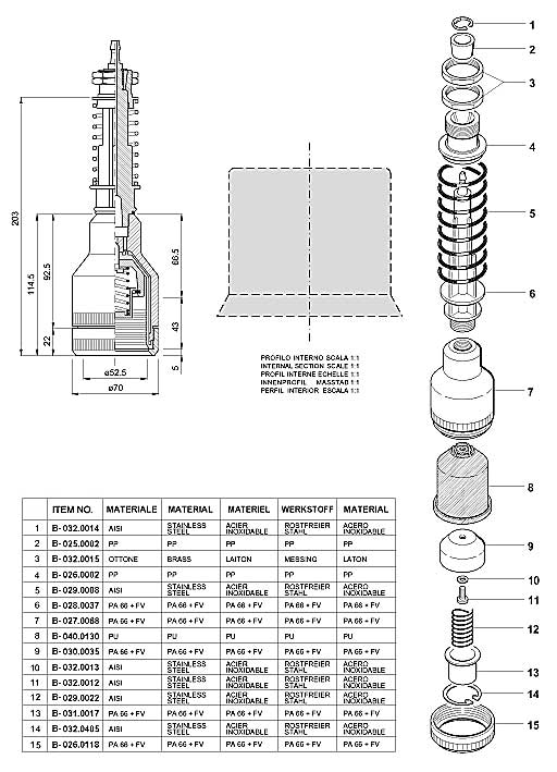 Dimensions and Replacement Parts for Bottling Head Number B-001.0084