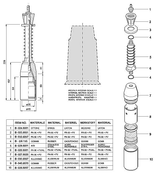 Dimensions and Replacement Parts for Bottling Head Number B-001.0034