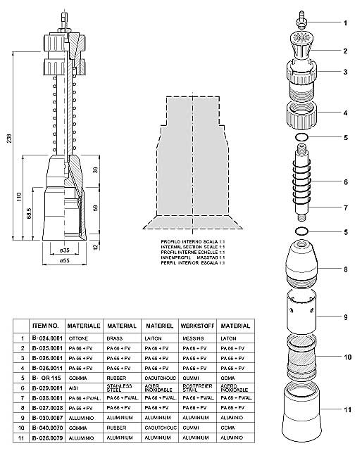 Dimensions and Replacement Parts for Bottling Head Number B-001.0070