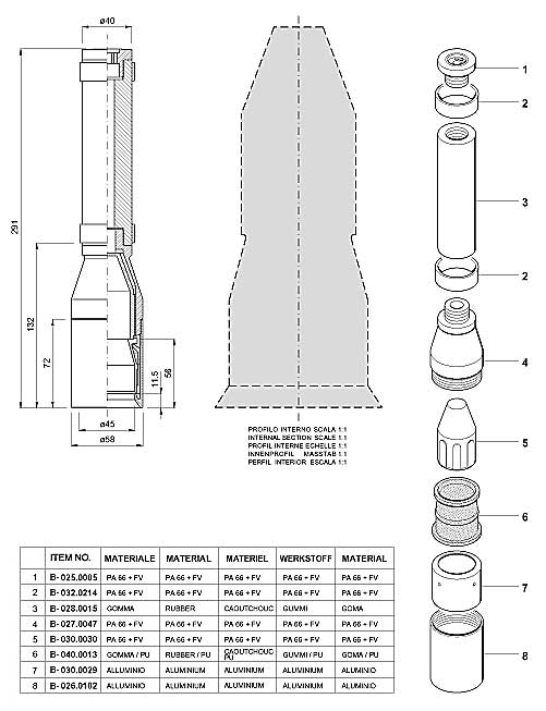 Dimensions and Replacement Parts for Bottling Head Number B-001.0059