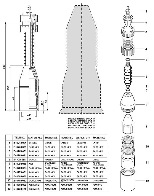 Dimensions and Replacement Parts for Bottling Head Number B-001.0064