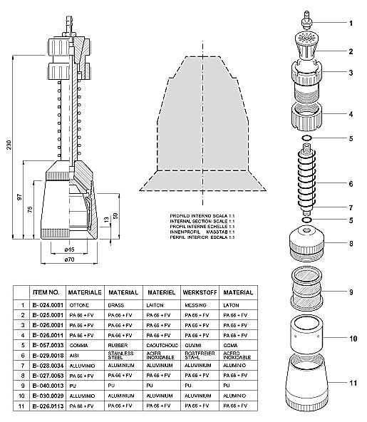 Dimensions and Replacement Parts for Bottling Head Number B-001.0080