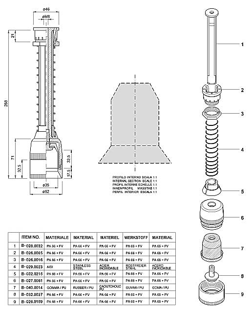 Dimensions and Replacement Parts for Bottling Head Number B-001.0075