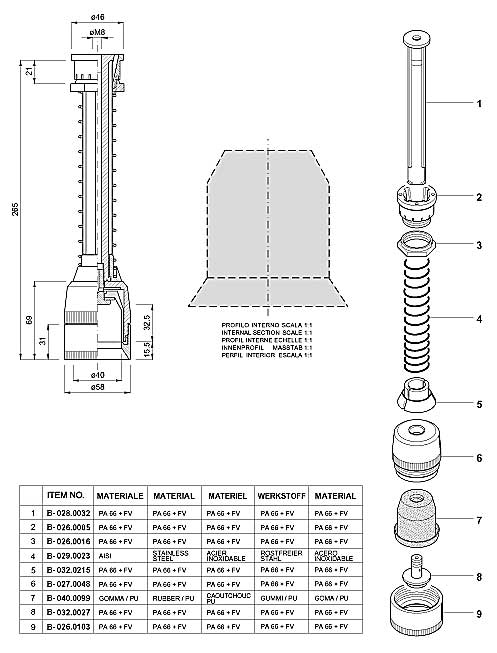 Dimensions and Replacement Parts for Bottling Head Number  B-001.0060