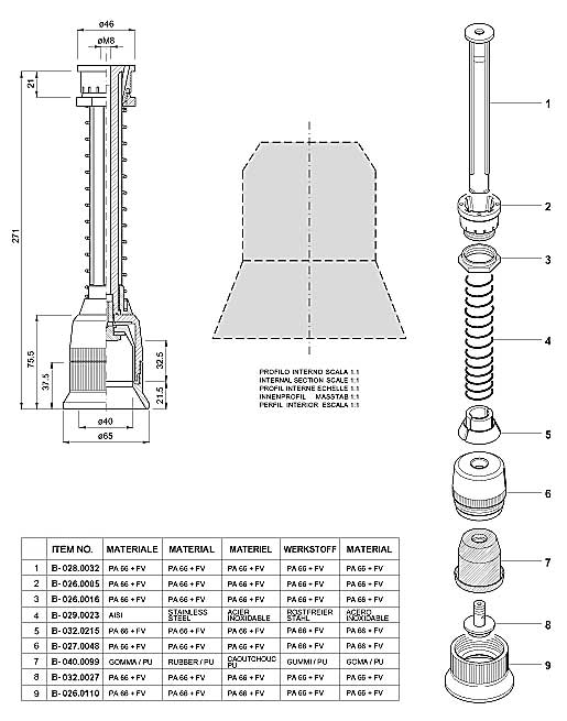 Dimensions and Replacement Parts for Bottling Head Number B-001.0076