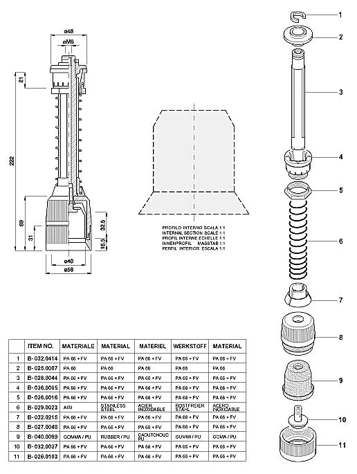 Dimensions and Replacement Parts for Bottling Head Number B-001.00104