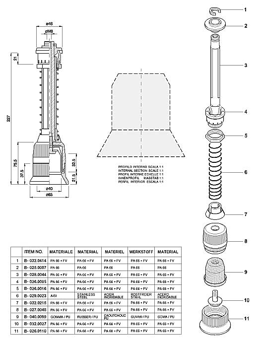 Dimensions and Replacement Parts for Bottling Head Number B-001.0107