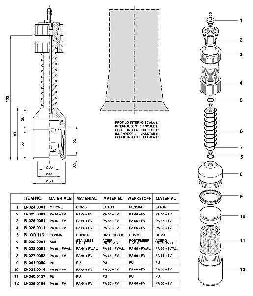 Dimensions and Replacement Parts for Bottling Head Number B-001.0065