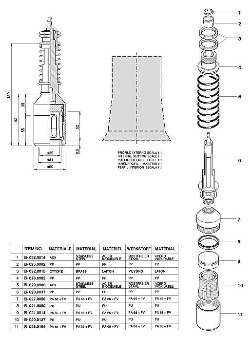 Dimensions and Replacement Parts for Bottling Head Number B-001.0072