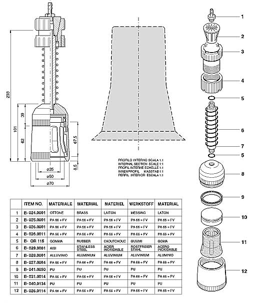 Dimensions and Replacement Parts for Bottling Head Number B-001.0081