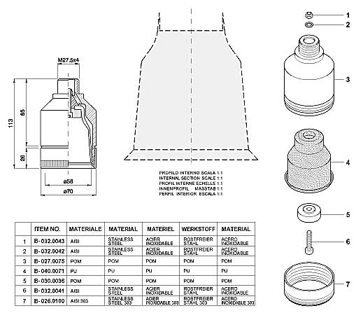 Dimensions and Replacement Parts for Bottling Head Number B-001.0093