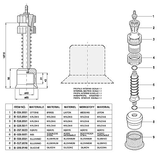 Dimensions and Replacement Parts for Bottling Head Number B-002.0001