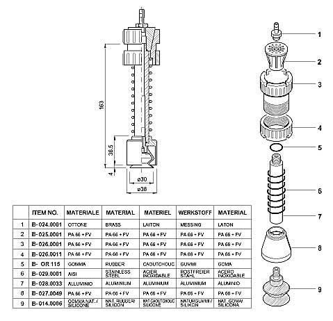 Dimensions and Replacement Parts for Bottling Head Number B-014.0015