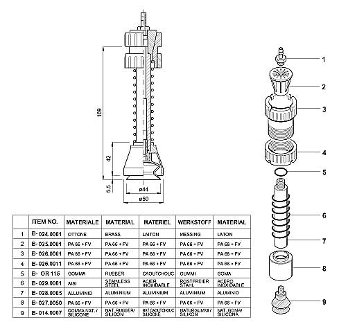 Dimensions and Replacement Parts for Bottling Head Number B-014.0016