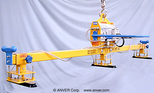 ANVER Electric Powered Generator with Three Custom Pad Suspensions Inline on Spreader Beam for Lifting & Handling Marble Countertops 10 ft x 2 ft (3.0 m x 0.6 m) up to 570 lb (259 kg)
