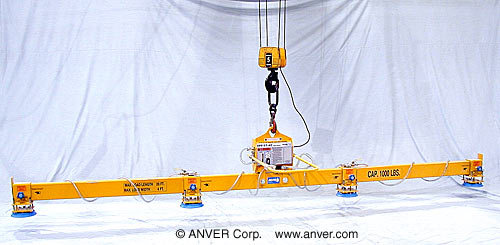 ANVER Electric Powered Vacuum Generator with Custom Four Pad Lifting Frame for Lifting & Handling Steel Plate 20 ft x 4 ft (6.1 m x 1.2 m) up to 1000 lb (454 kg)